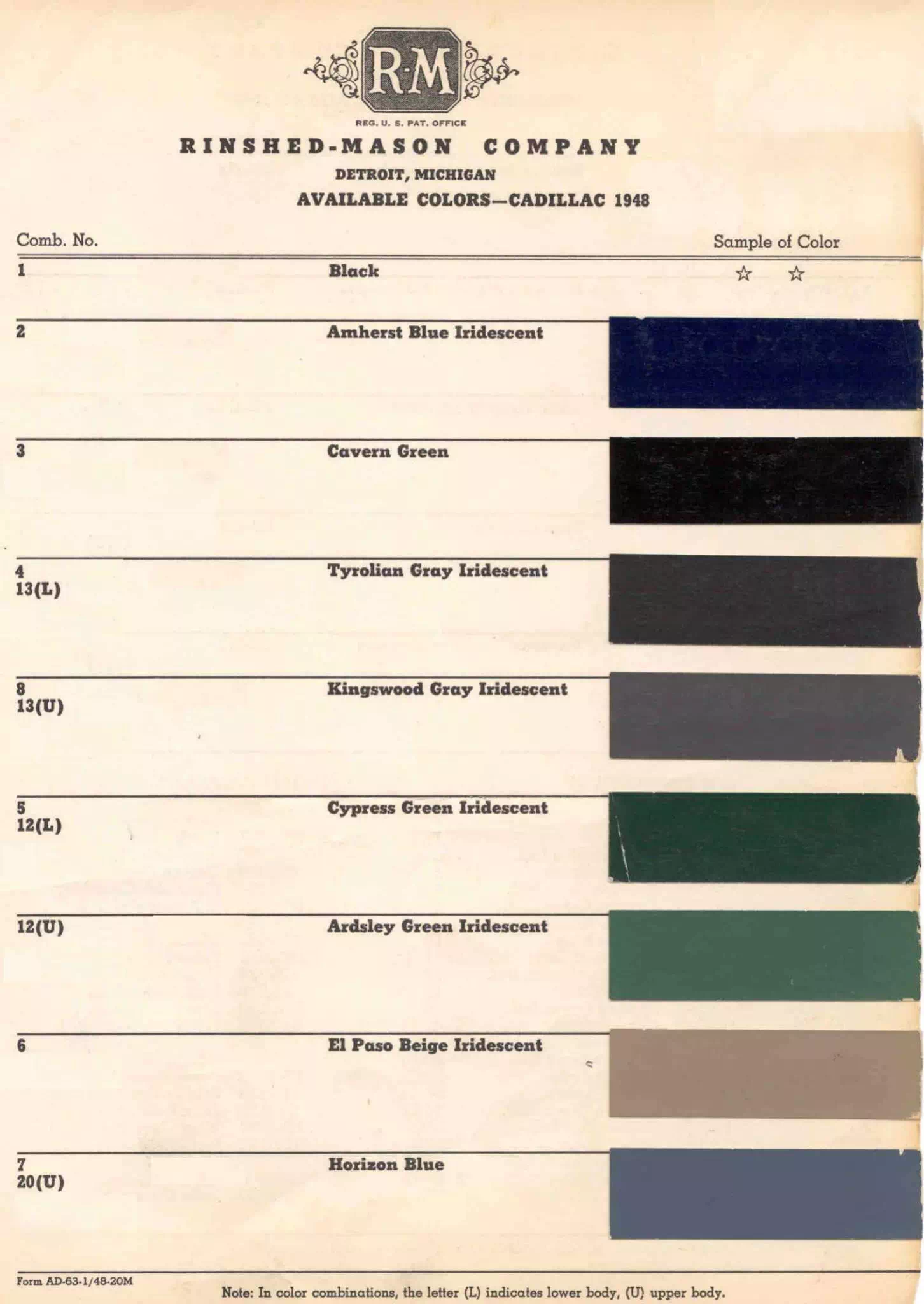 1948 Cadillac Paint Chart and Color Codes Color Examples and their codes for Cadillac Vehicles
