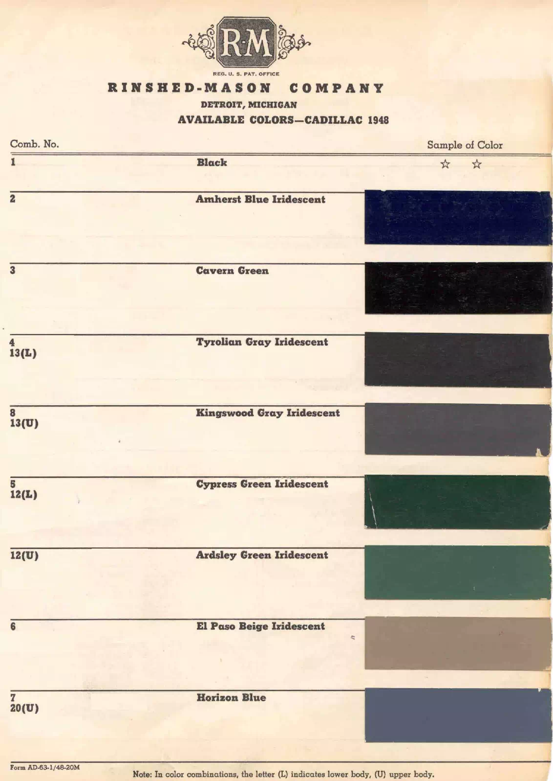 1948 Cadillac Paint Codes & Color Chart colors and ordering codes for those colors used the vehicles for the years listed
