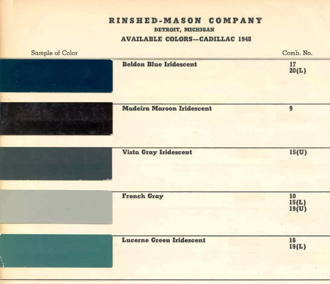 colors and ordering codes for those colors used the vehicles for the years listed