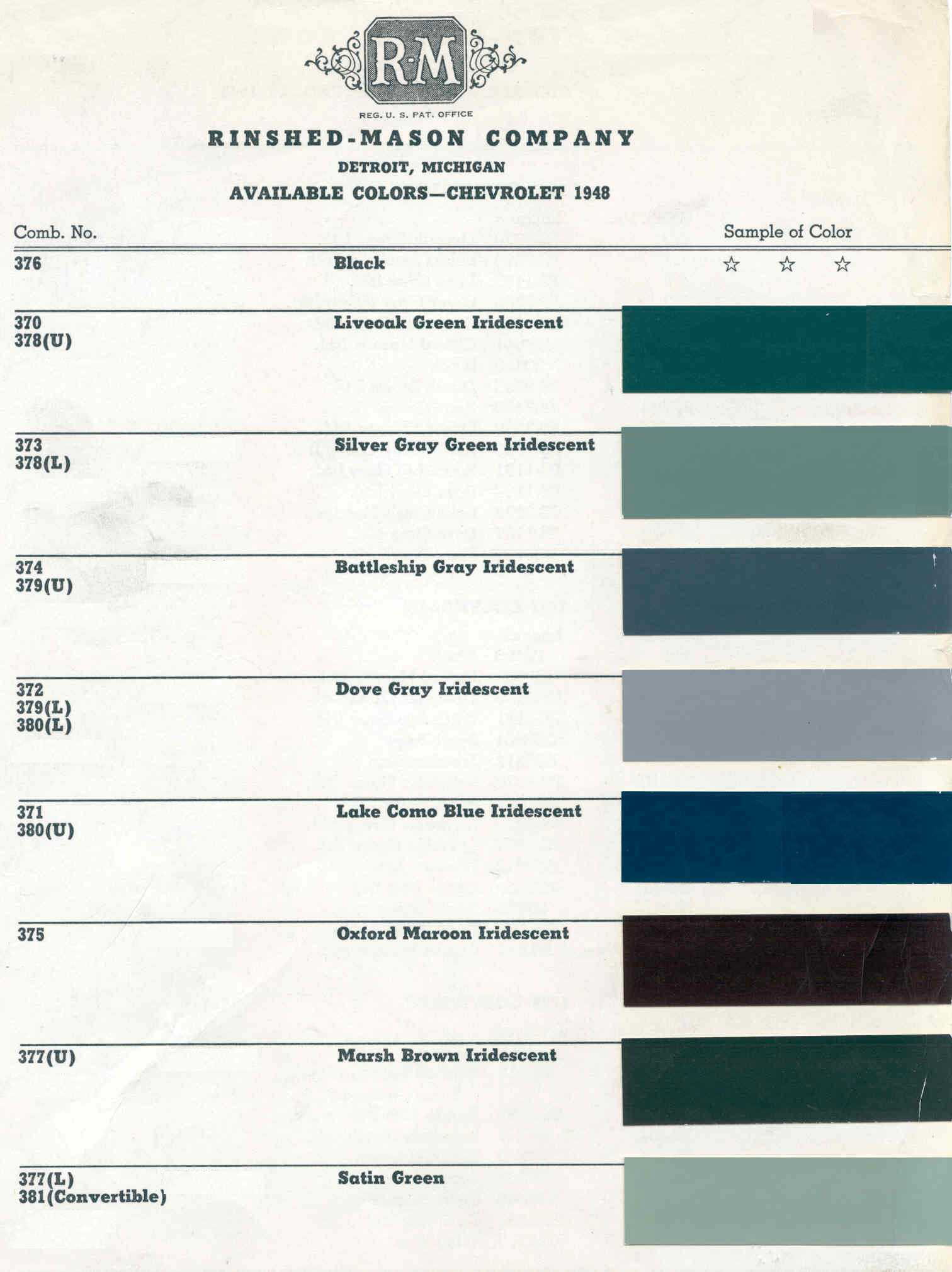 1948 Chevrolet Paint Chart Color Examples and their codes for Chevrolet Vehicles