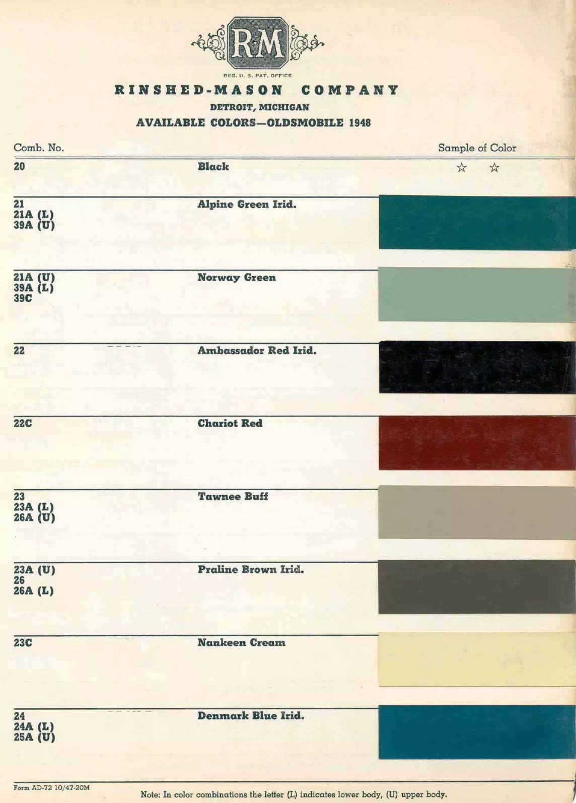 1948 Oldsmobile Paint Codes & Color Chart colors and ordering codes for those colors used the vehicles for the years listed