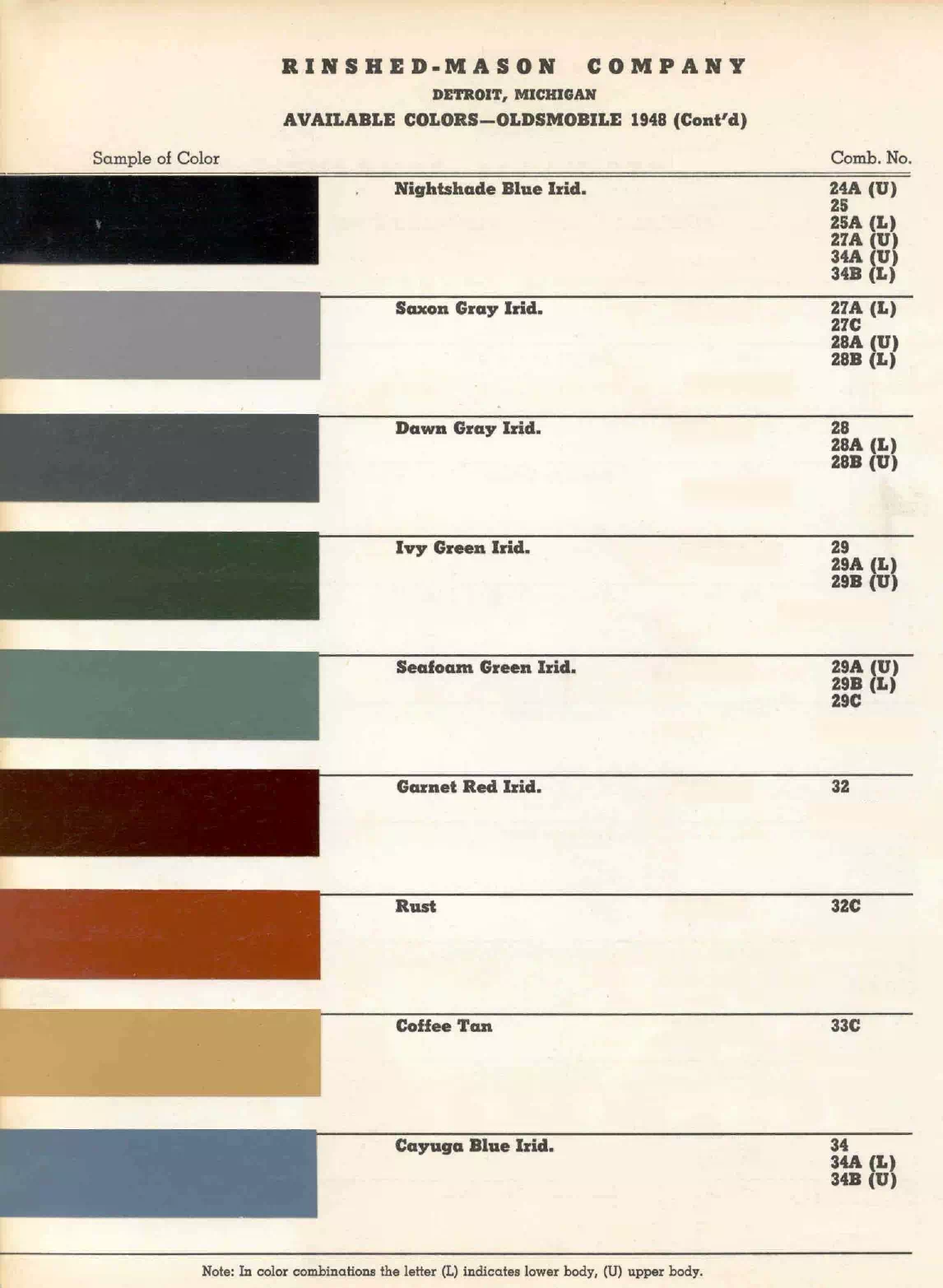 1948 Oldsmobile Paint Codes & Color Chart colors and ordering codes for those colors used the vehicles for the years listed