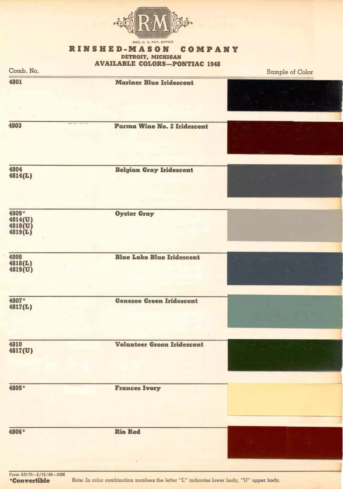 Chart that shows the Colors used on Pontiac Vehicles and the Code to look them up.