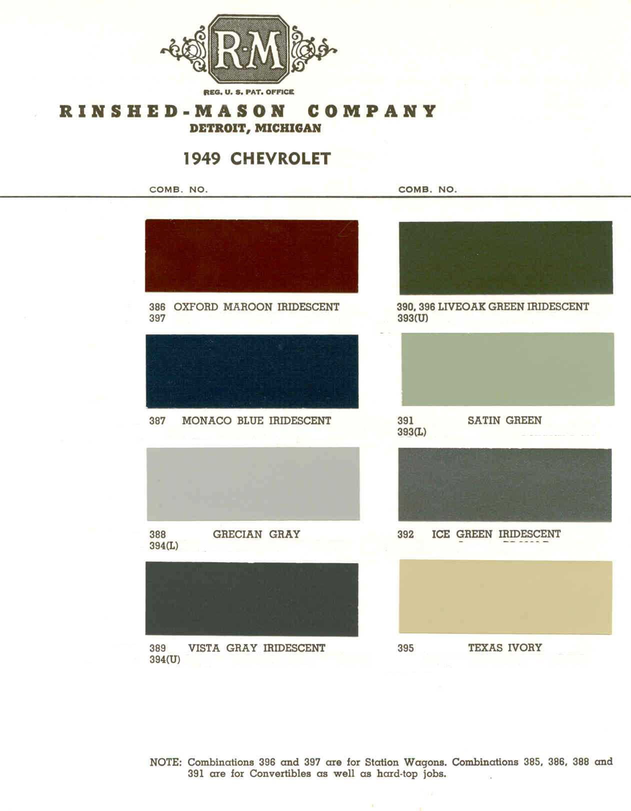 1949 Chevrolet Paint Chart Color Examples and their codes for Chevrolet Vehicles