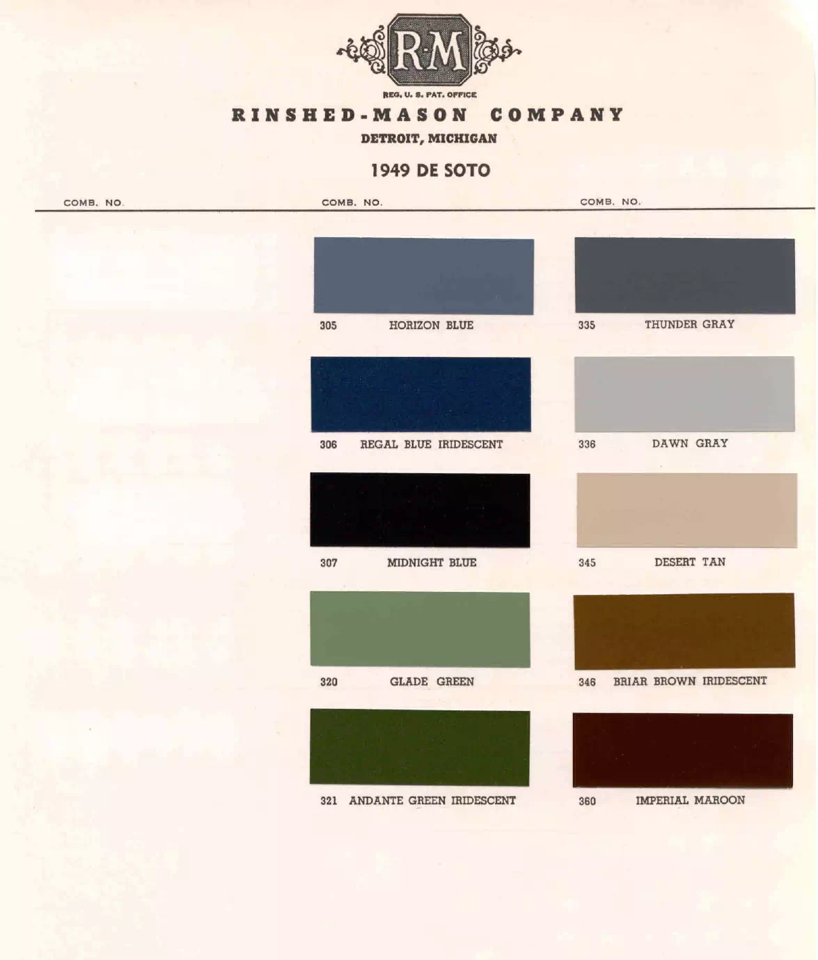 1949 DeSoto Paint Codes & Color Chart Paint codes, and their ordering stock numbers for their color on 1949 vehicles
