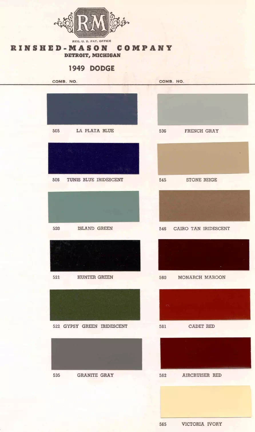 Paint codes, and their ordering stock numbers for their color on 1949 vehicles