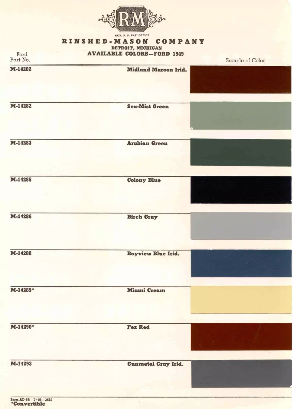 Paint codes, and their ordering stock numbers for their color on 1949 vehicles