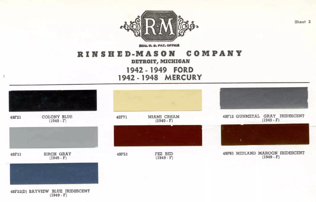 Paint codes, and their ordering stock numbers for their color on 1949 vehicles