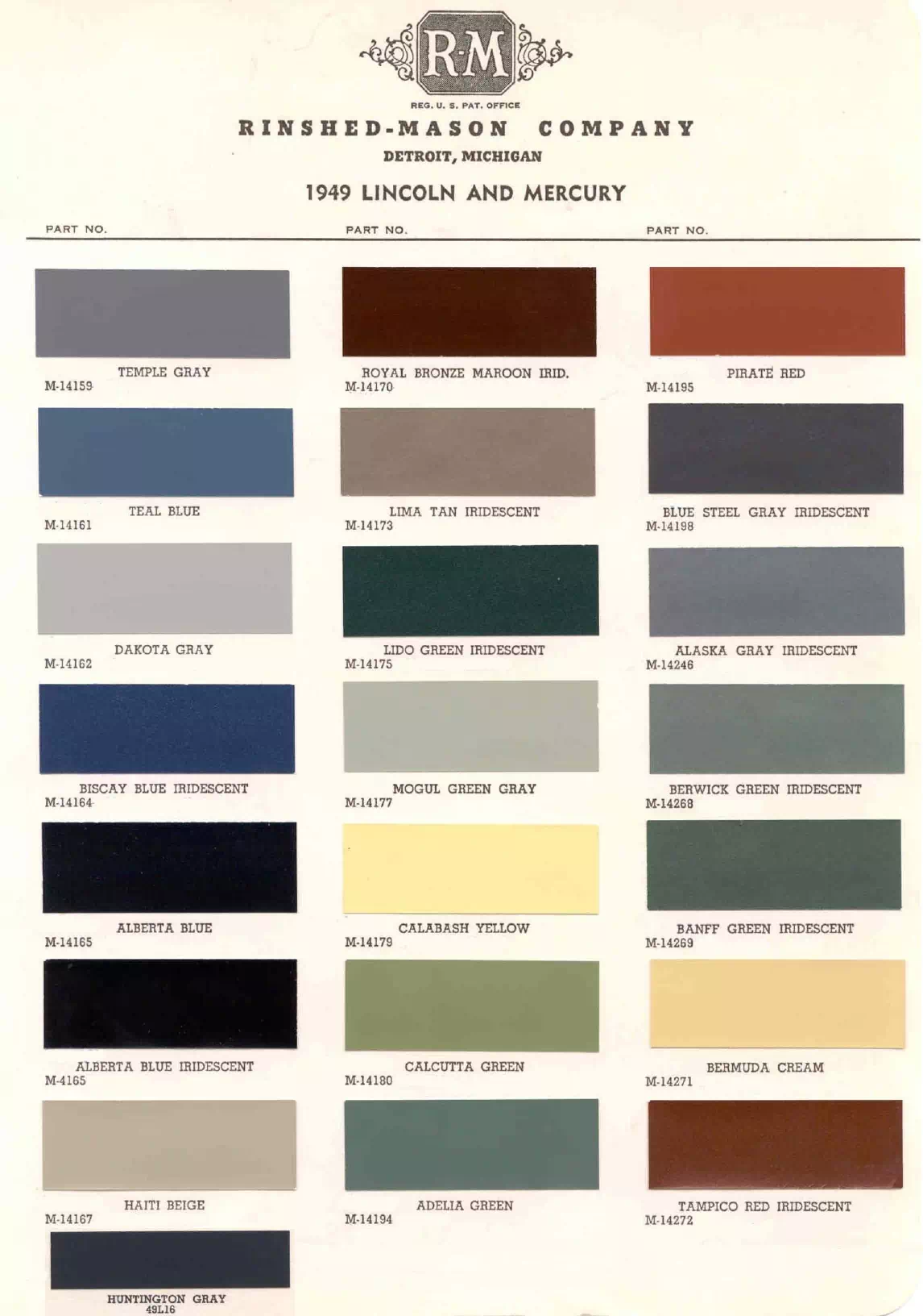 1949 Lincoln & Mercury Paint Codes & Color Chart Paint codes, and their ordering stock numbers for their color on 1949 vehicles