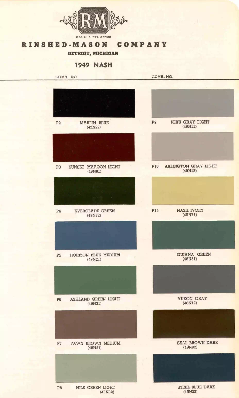 Paint codes, and their ordering stock numbers for their color on 1949 vehicles