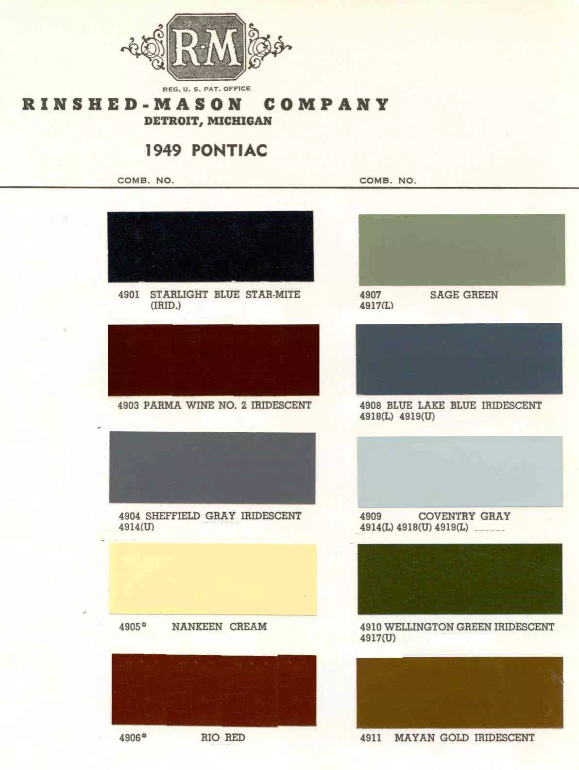 Chart that shows the Colors used on Pontiac Vehicles and the Code to look them up.