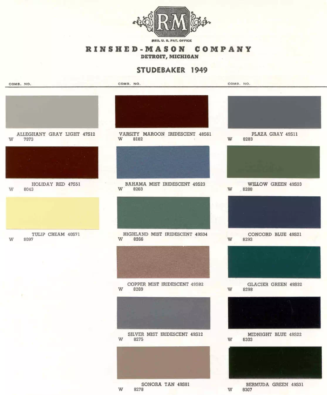 Paint codes, and their ordering stock numbers for their color on 1949 vehicles