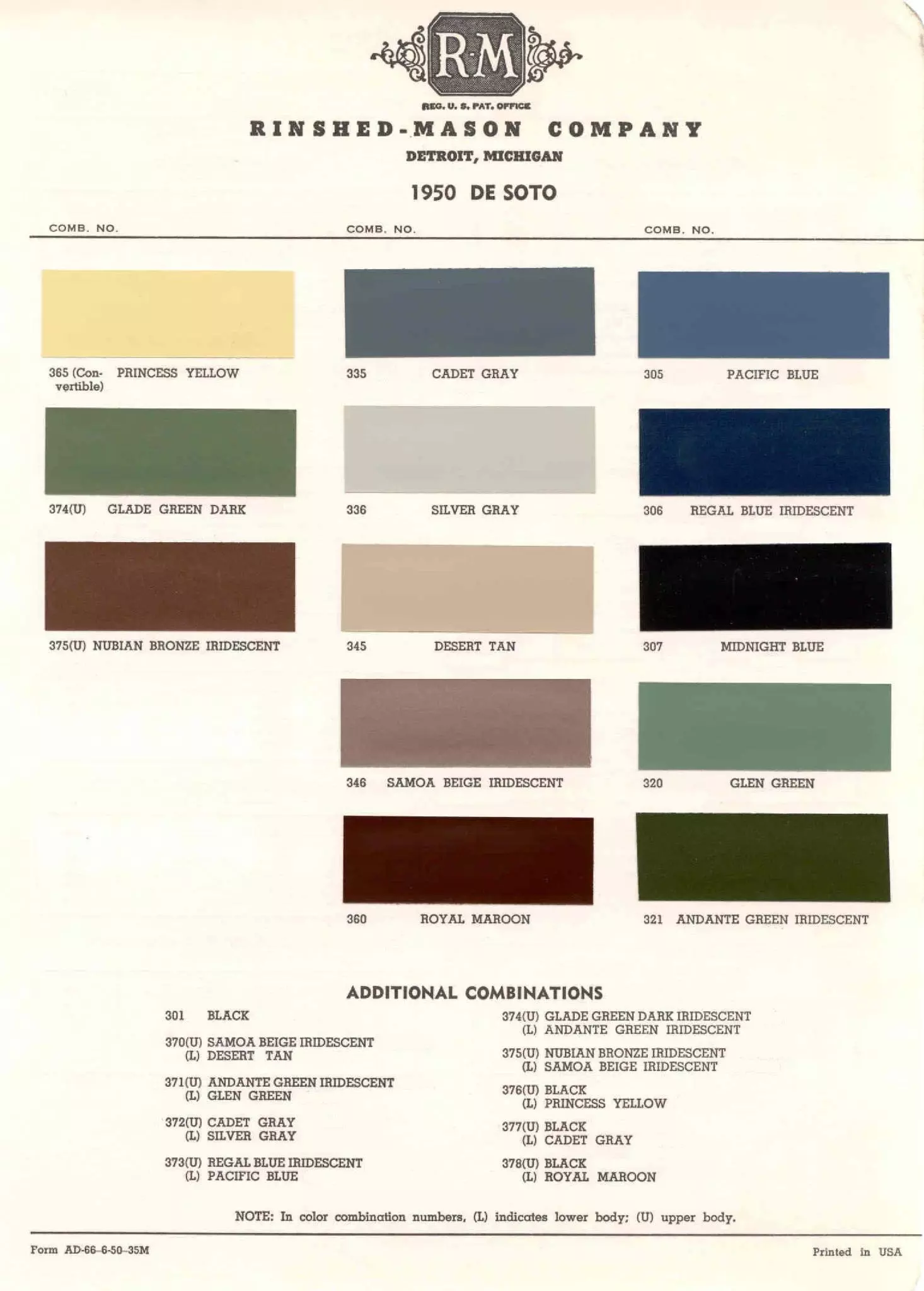 1950 DeSoto Paint Chart and Paint Codes