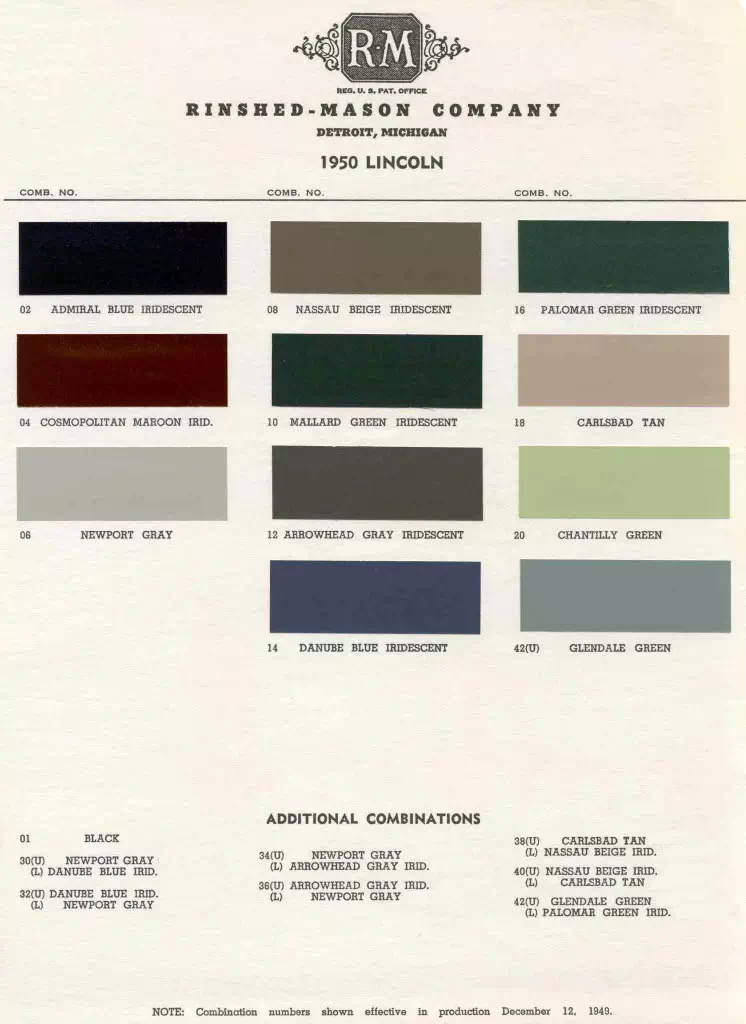 exterior colors, thier codes, and example swatches used on the exterior of the vehicles in 1950