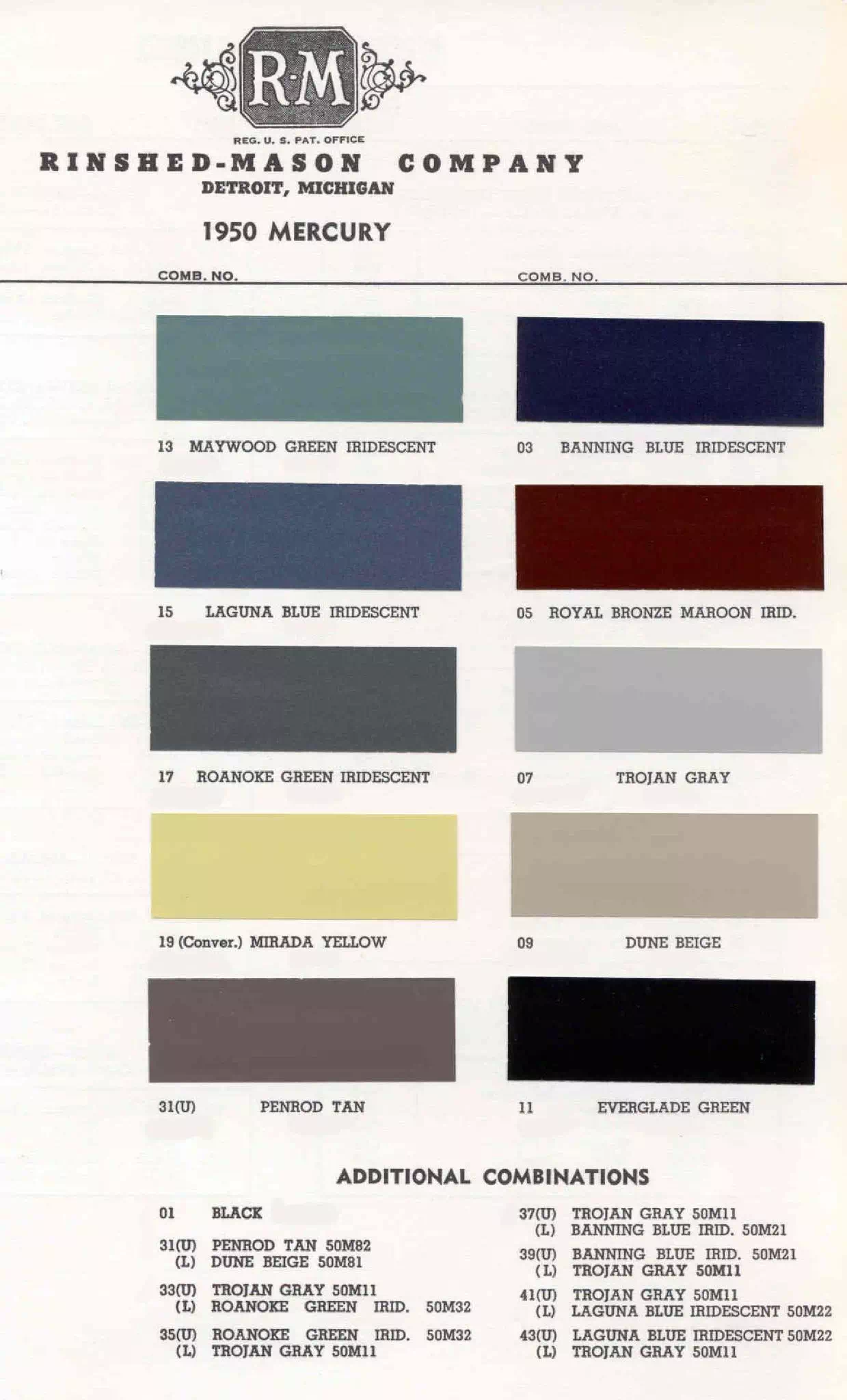 1950 Mercury Paint Chart and Paint Codes Color examaples and the codes to look them up to get touch up paint or respray for Mercury Vehicles