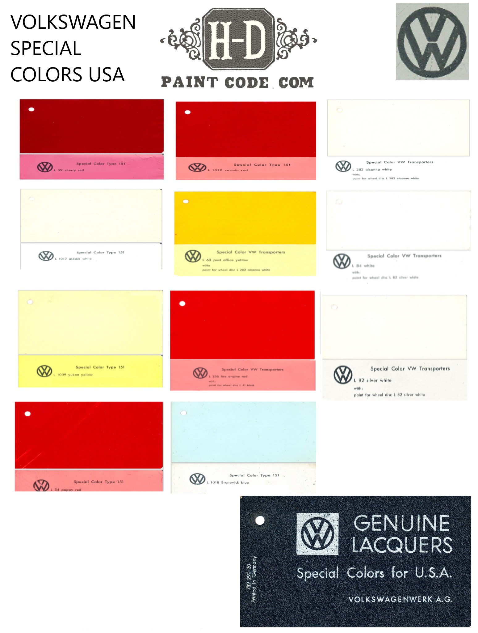 1950's Volkswagen Paint Chart and Color Codes Special Colors for Usa in the 1950's