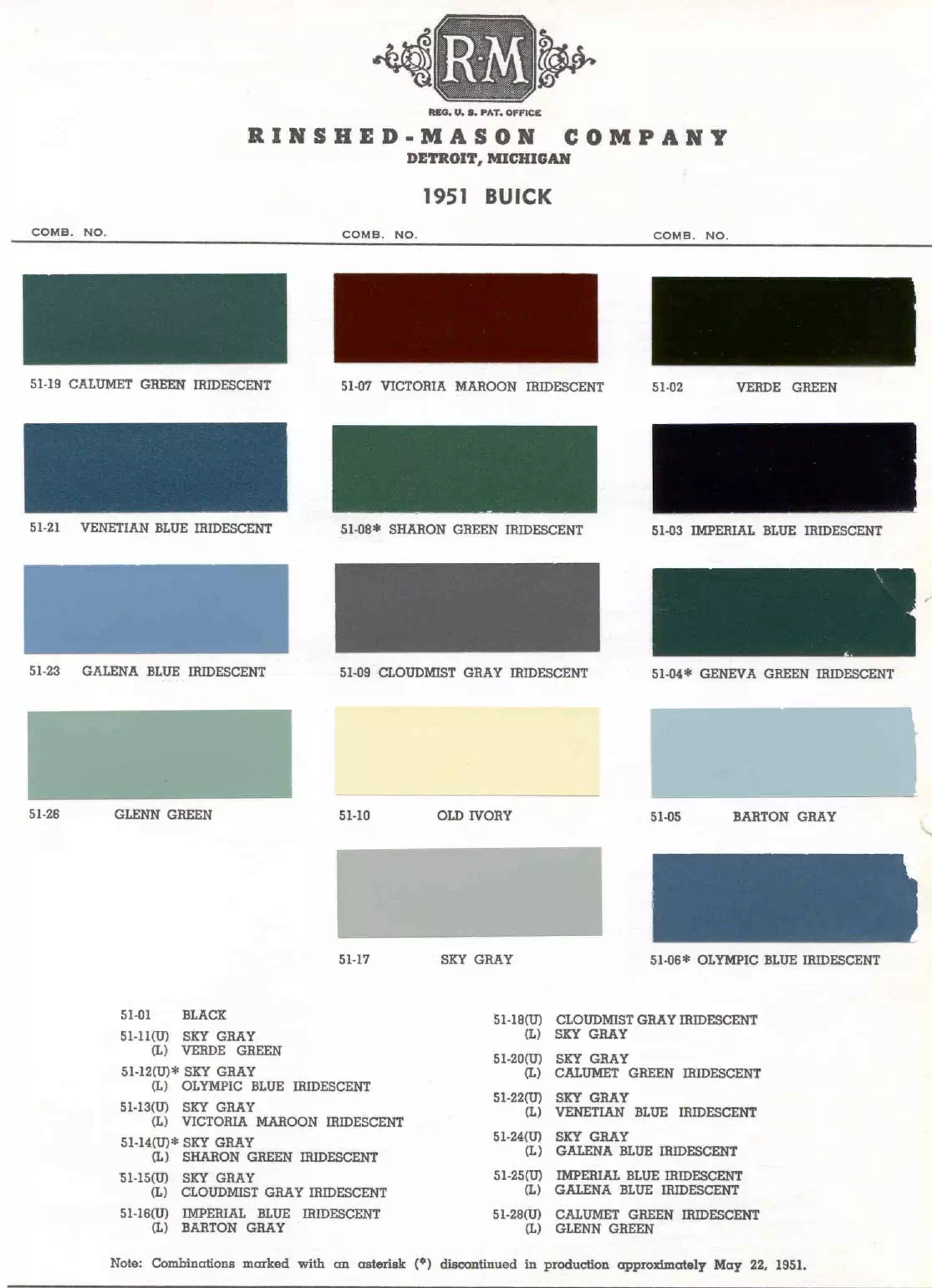 1951 Buick Paint Codes & Color Chart Paint color examples, their ordering codes, the oem color code, and vehicles the color was used on