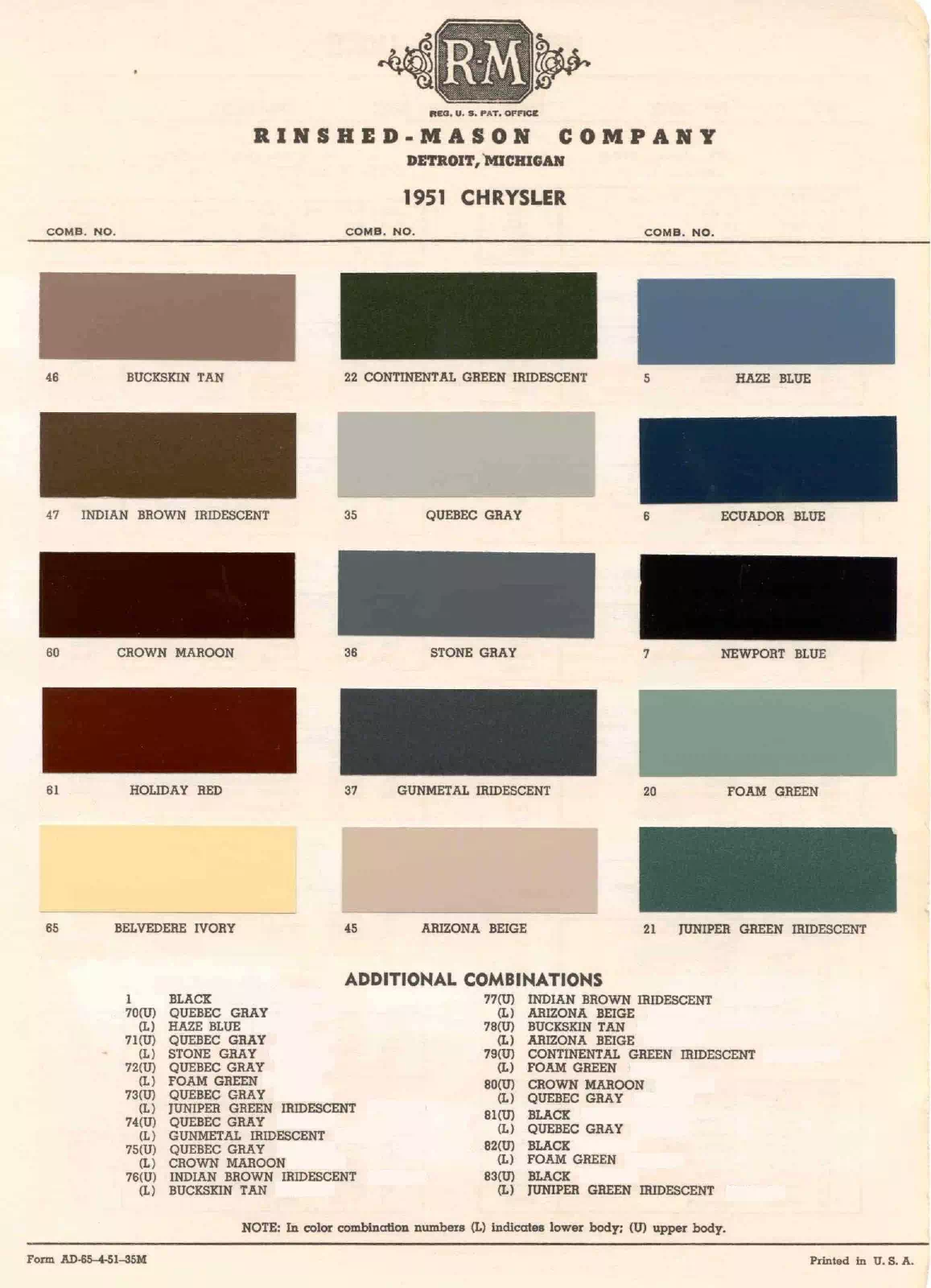 1951 Chrysler Paint Codes & Color Chart Paint color examples, their ordering codes, the oem color code, and vehicles the color was used on