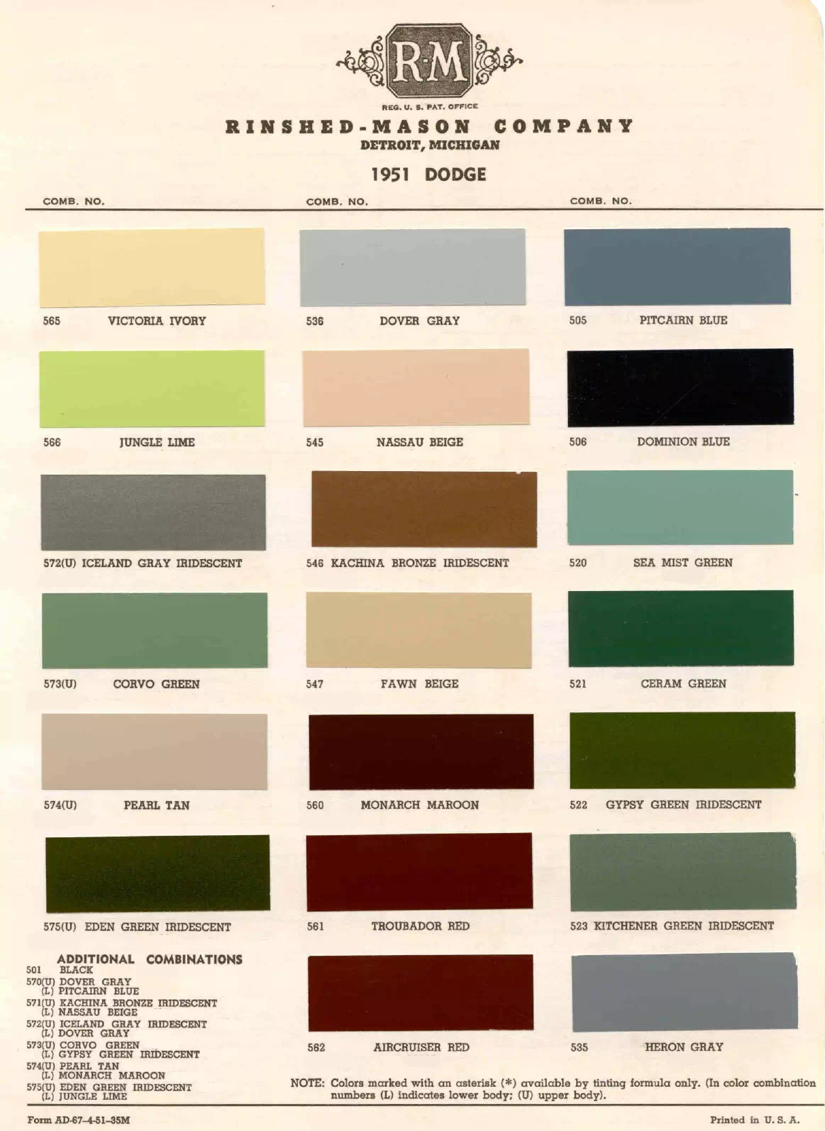 1951 Dodge Paint Codes & Color Chart Paint color examples, their ordering codes, the oem color code, and vehicles the color was used on
