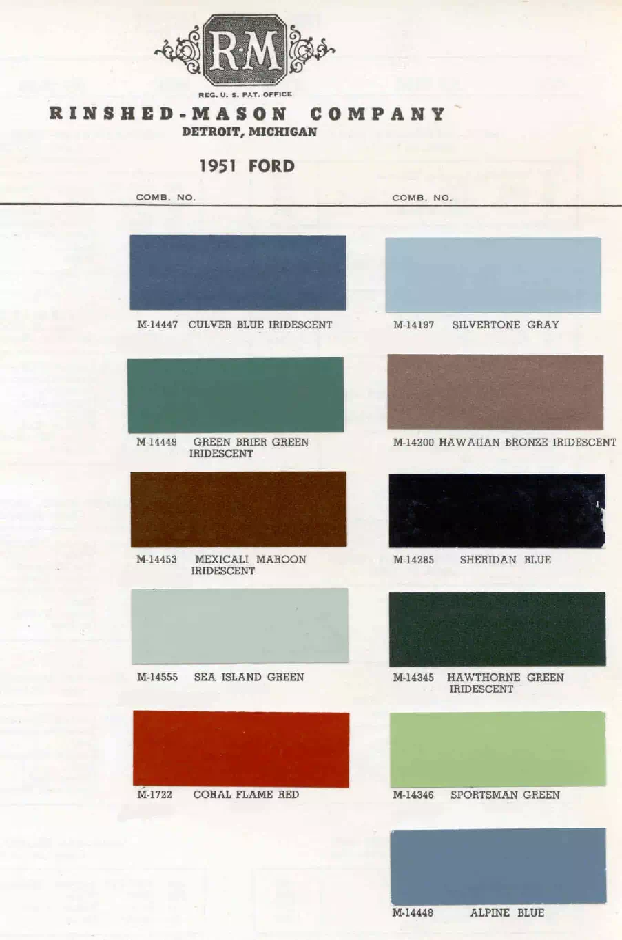 1951 Ford Paint Codes & Color Chart Paint color examples, their ordering codes, the oem color code, and vehicles the color was used on
