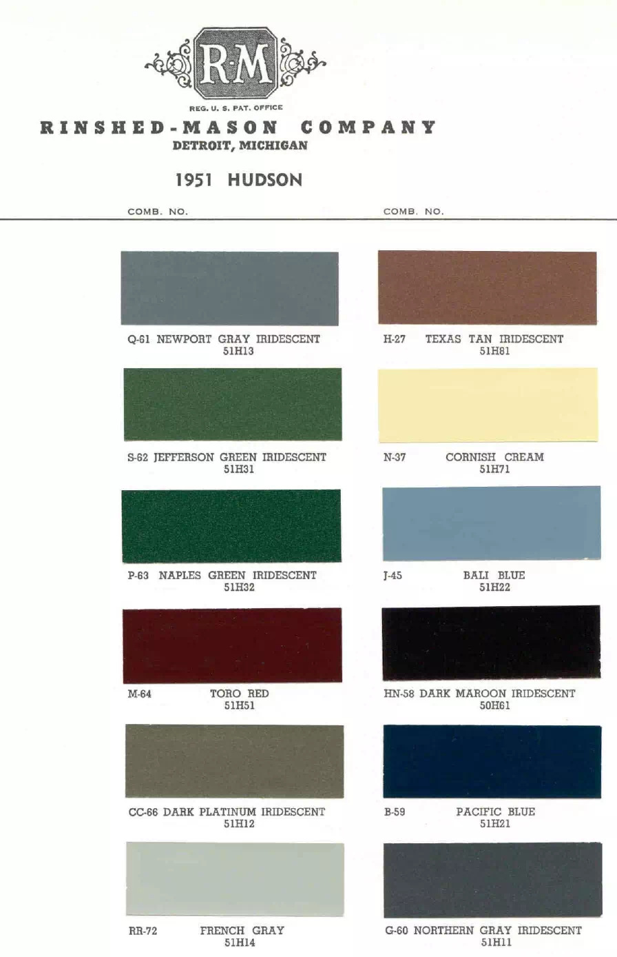 1951 Hudson Paint Codes & Color Chart Paint color examples, their ordering codes, the oem color code, and vehicles the color was used on