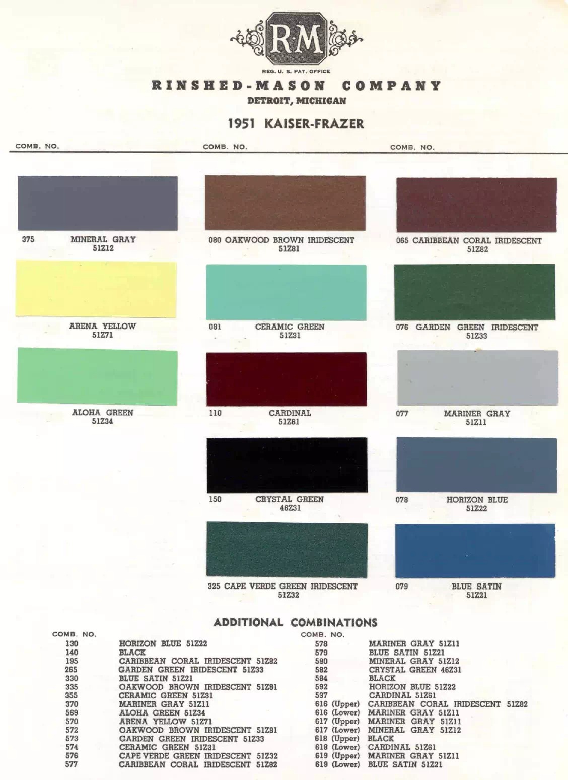 1951 Kaiser-Frazer Paint Codes & Color Chart Paint color examples, their ordering codes, the oem color code, and vehicles the color was used on