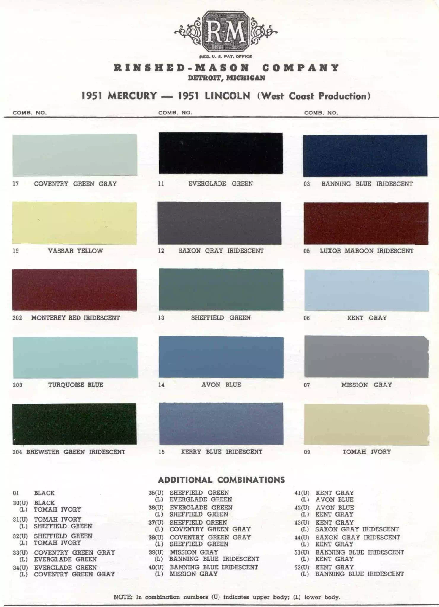 1951 Mercury Paint Chart and Paint Codes Color examaples and the codes to look them up to get touch up paint or respray for Mercury Vehicles