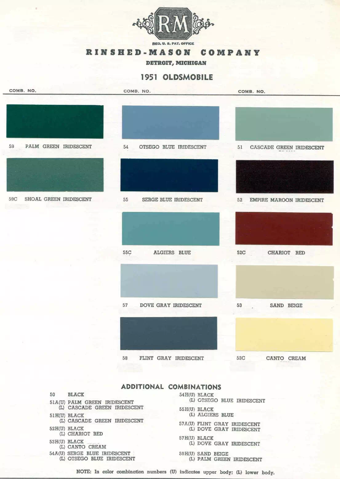1951 Oldsmobile Paint Codes & Color Chart Paint color examples, their ordering codes, the oem color code, and vehicles the color was used on