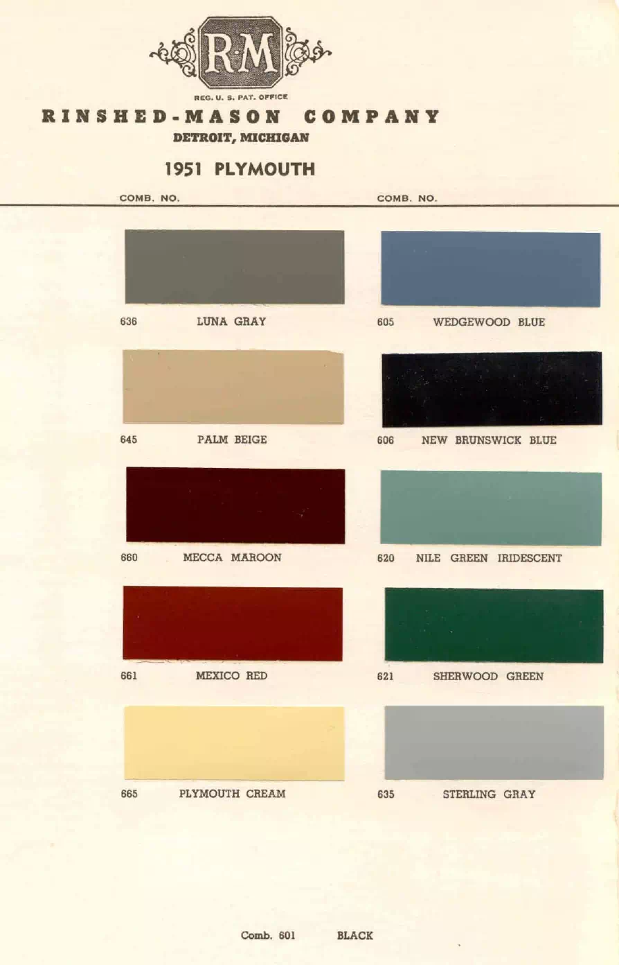 1951 Plymouth Paint Codes & Color Chart Paint color examples, their ordering codes, the oem color code, and vehicles the color was used on