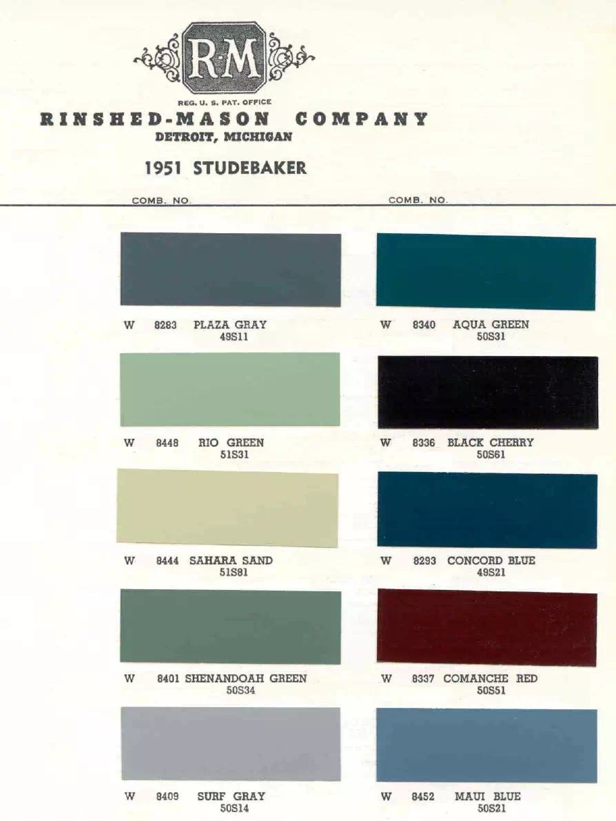 1951 Studebaker Paint Codes & Color Chart Paint color examples, their ordering codes, the oem color code, and vehicles the color was used on