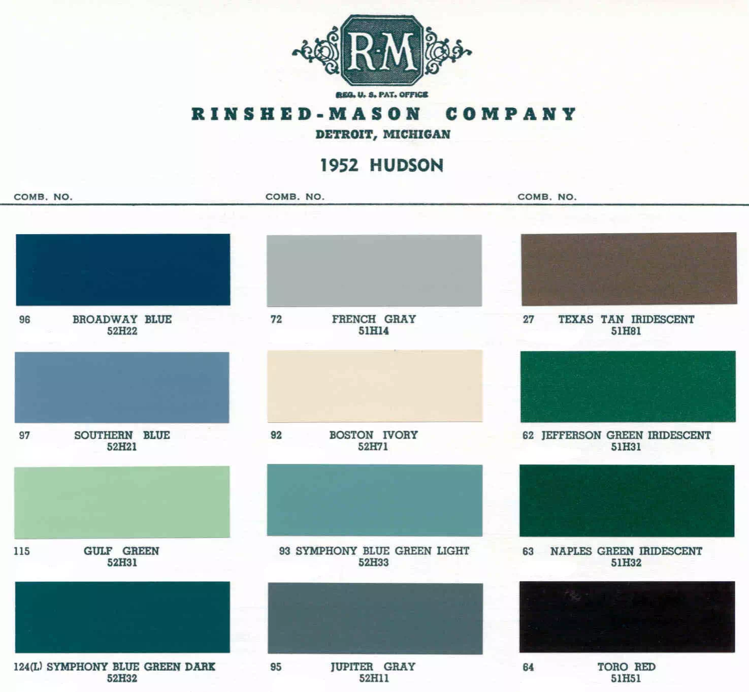 1952 Hudson Paint Codes and Color Chart Colors and Color Code Combinations used in 1952