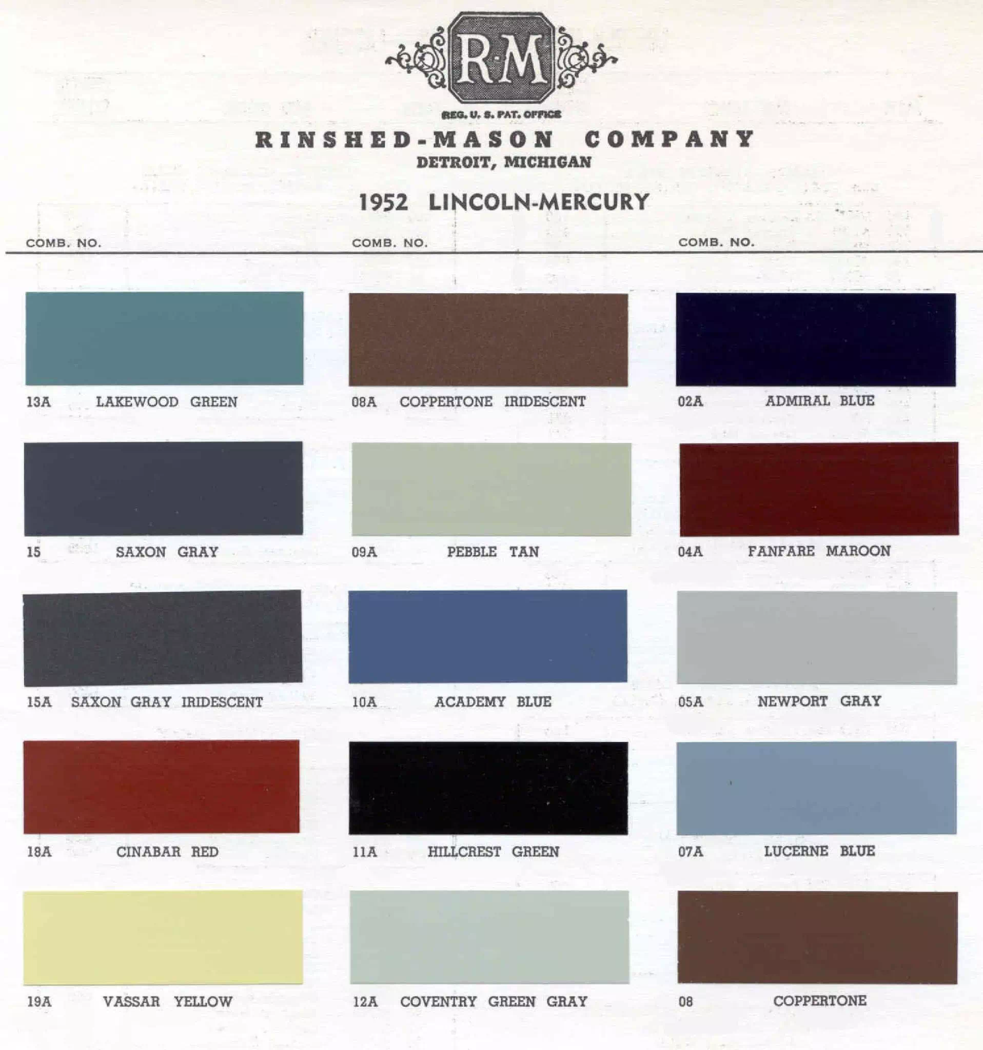 1952 Mercury Paint Chart and Paint Codes Color examaples and the codes to look them up to get touch up paint or respray for Mercury Vehicles