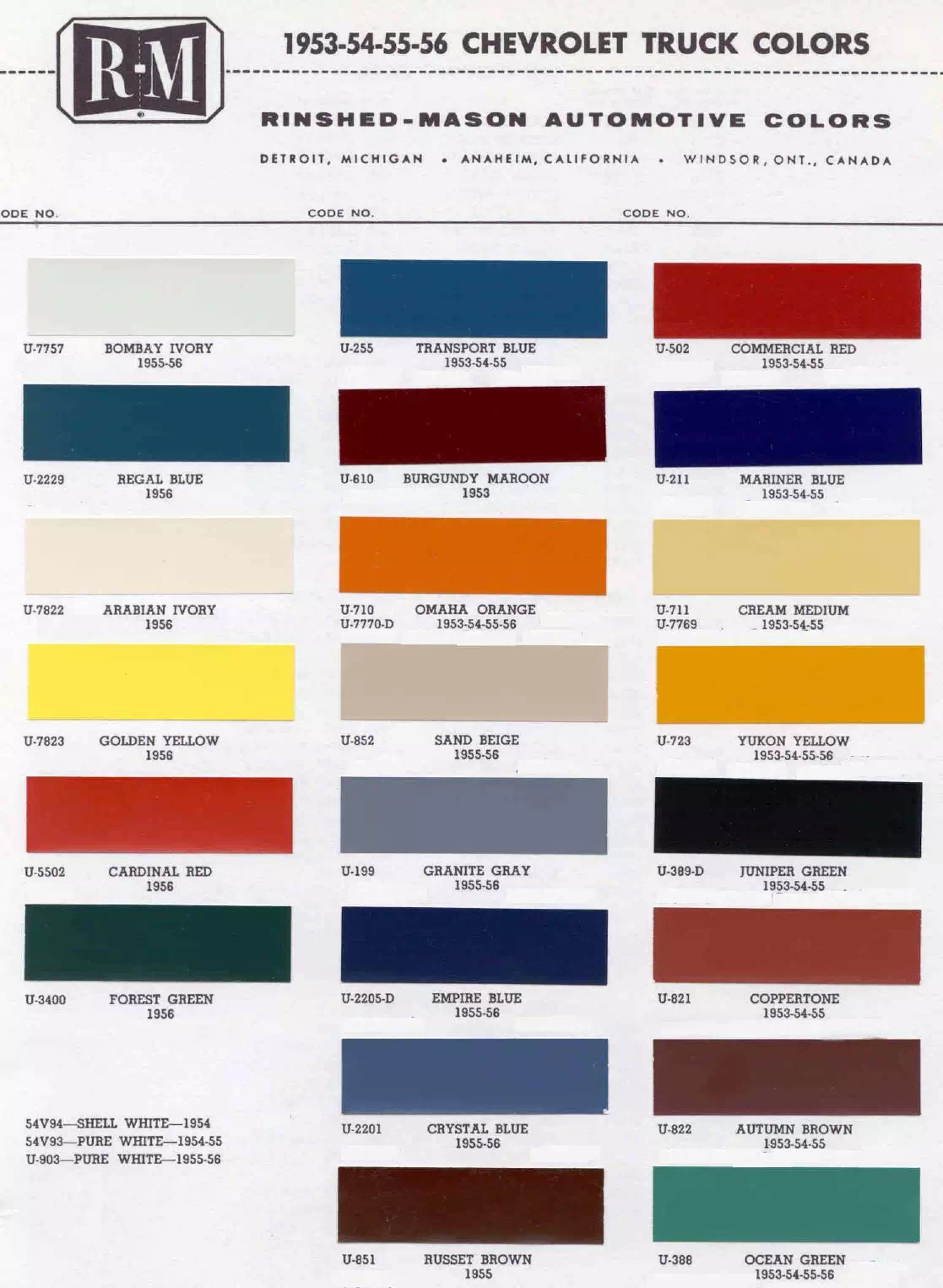 Paint color examples, their ordering codes, the oem color code, and vehicles the color was used on