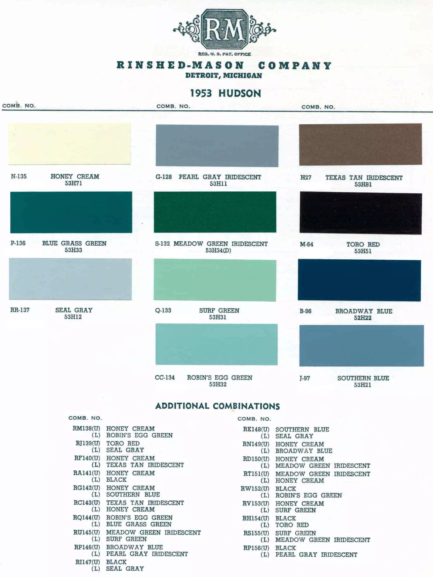 1953 Hudson Paint Codes and Color Chart Colors and Color Code Combinations used in 1953