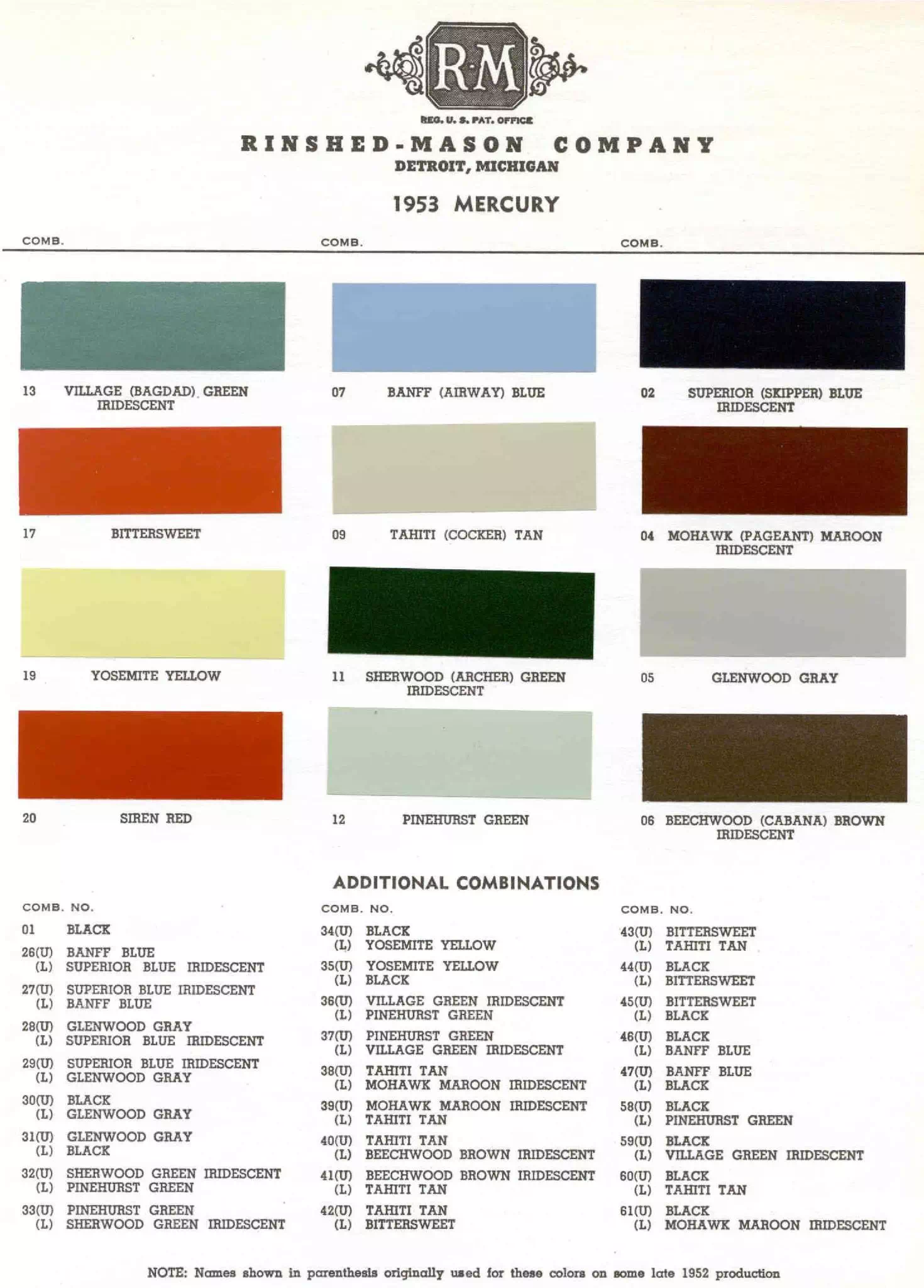 1953 Mercury Paint Chart and Paint Codes Color examaples and the codes to look them up to get touch up paint or respray for Mercury Vehicles