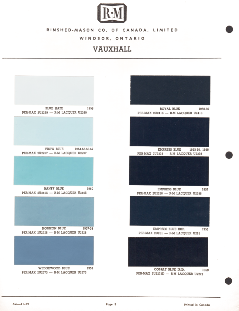 1953 Vauxhall Color Chart Exterior Paint Codes and Color Examples Used on Vauxhall in 1953