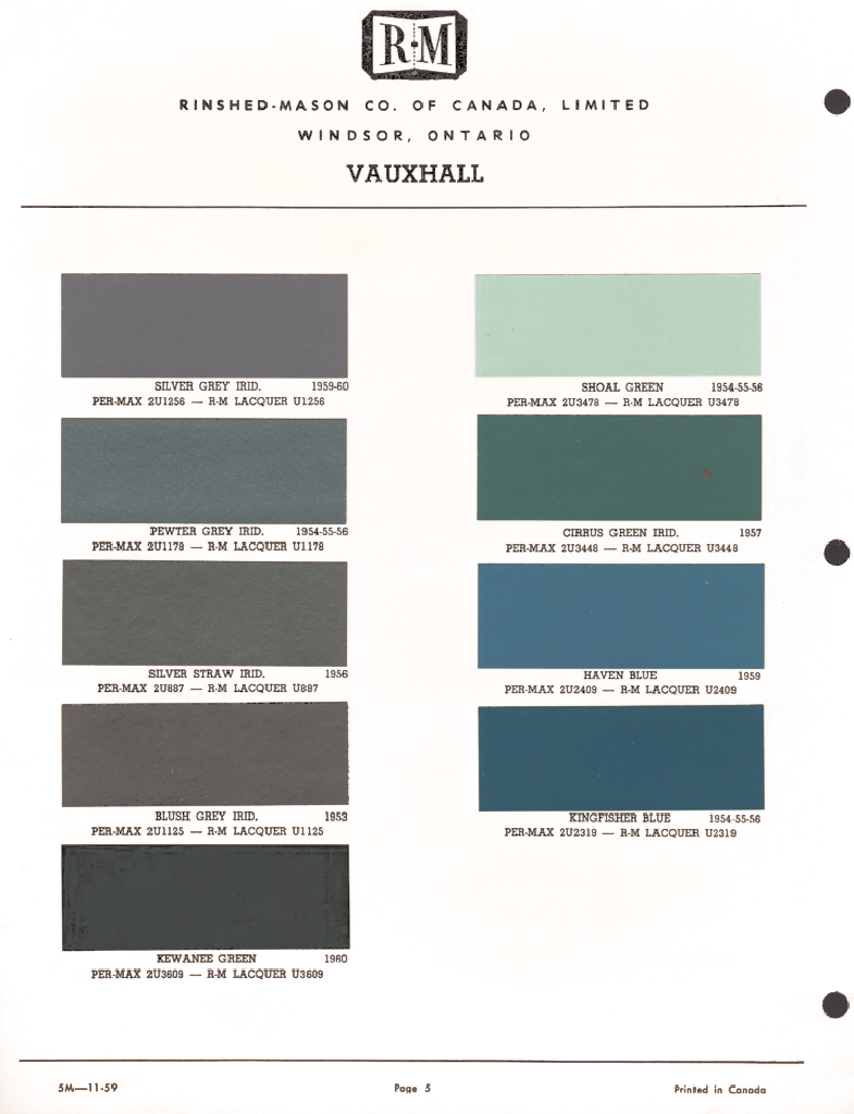 1953 Vauxhall Color Chart Exterior Paint Codes and Color Examples Used on Vauxhall in 1953