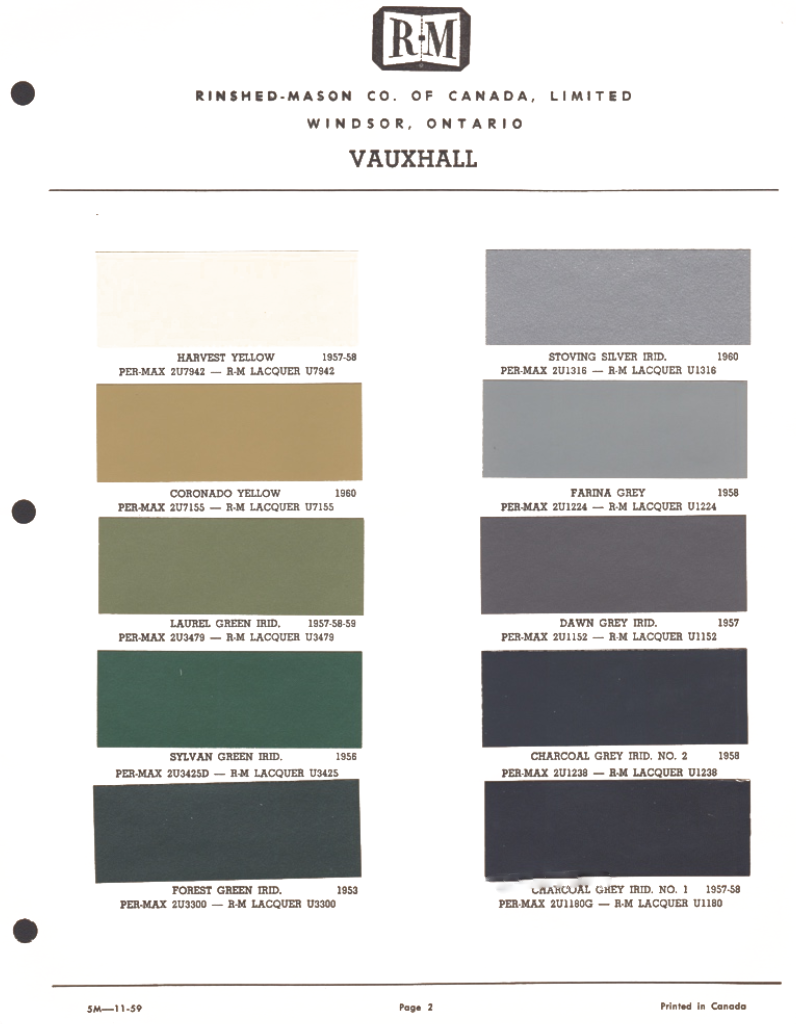 1953 Vauxhall Color Chart Exterior Paint Codes and Color Examples Used on Vauxhall in 1953