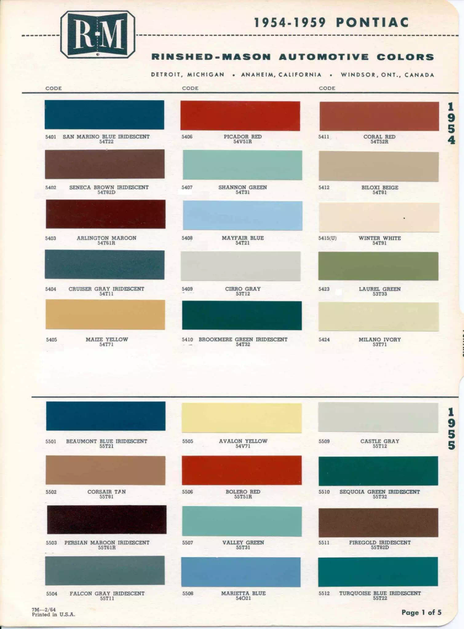 Chart that shows the Colors used on Pontiac Vehicles and the Code to look them up.