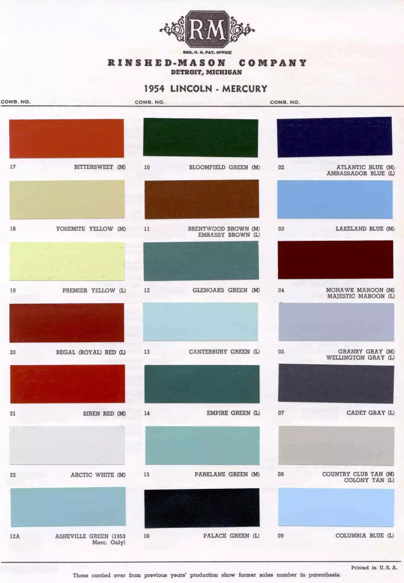 1954 Mercury Paint Chart and Paint Codes Color examaples and the codes to look them up to get touch up paint or respray for Mercury Vehicles