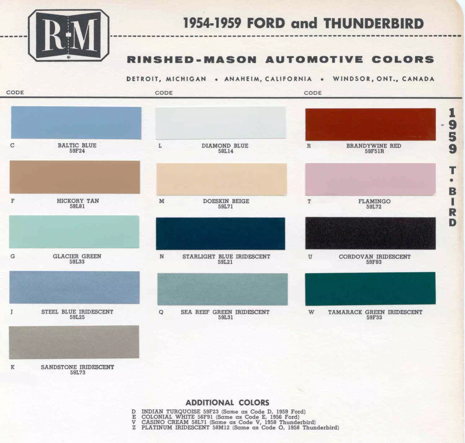 exterior colors, their codes, and example swatches used on  vehicles in 1959