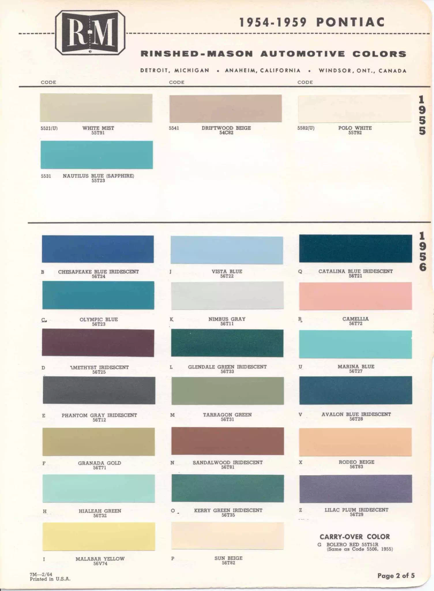 Chart that shows the Colors used on Pontiac Vehicles and the Code to look them up.