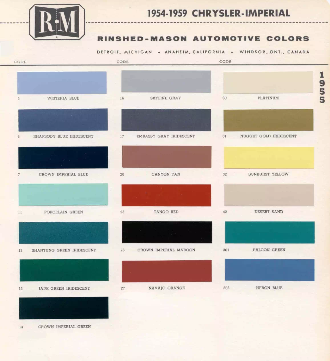 1955 Chrysler Paint Codes & Color Chart