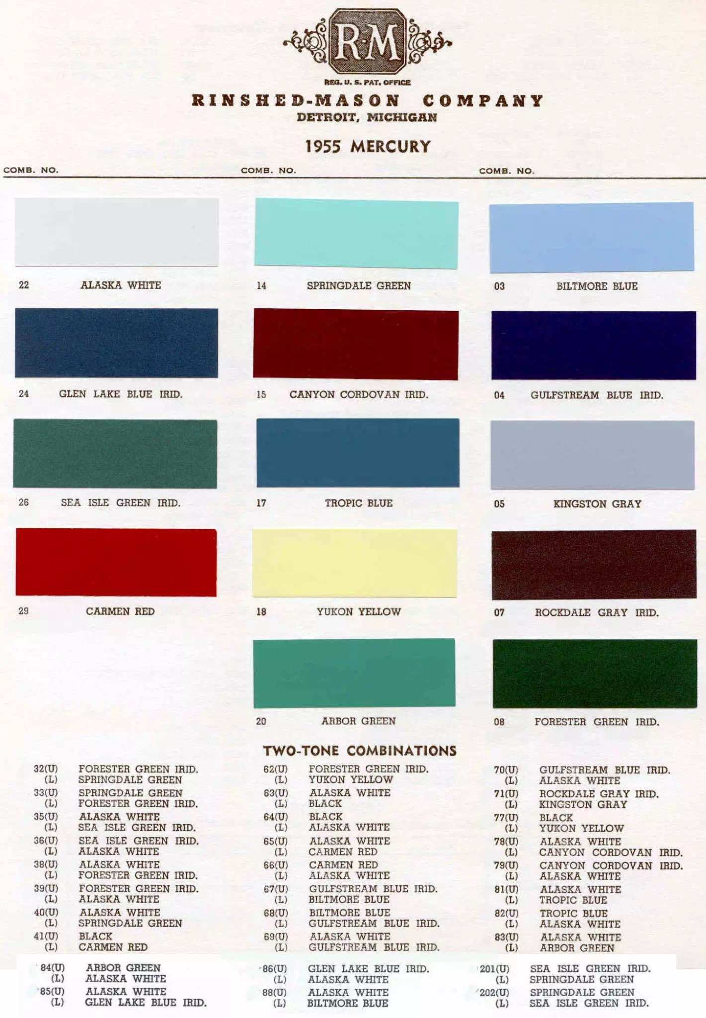 1955 Mercury Paint Chart and Paint Codes Color examaples and the codes to look them up to get touch up paint or respray for Mercury Vehicles