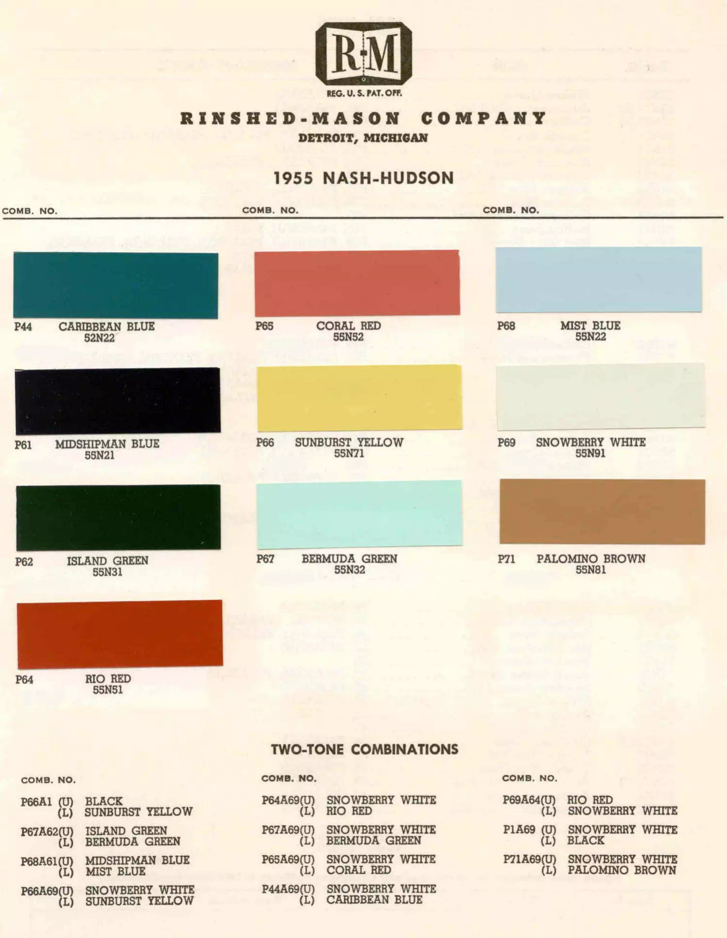 1955 Hudson & Nash Paint Codes and Color Chart Colors and Color Code Combinations used in 1955
