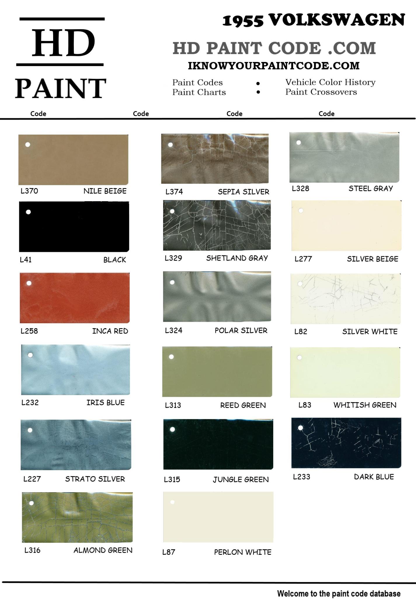 1955 Volkswagen Paint Chart and Color Codes Colors used on the Main Body and Wheel Brakes from Volkswagen in 1955