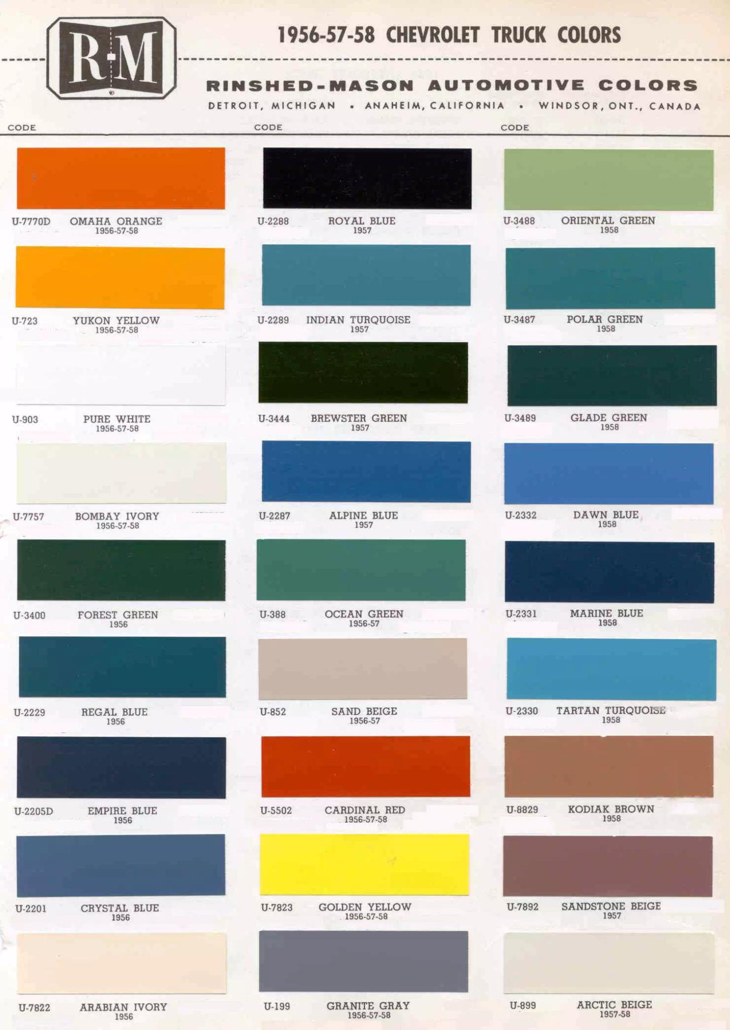 1950 To 1959 Gm Paint Codes And Color Charts