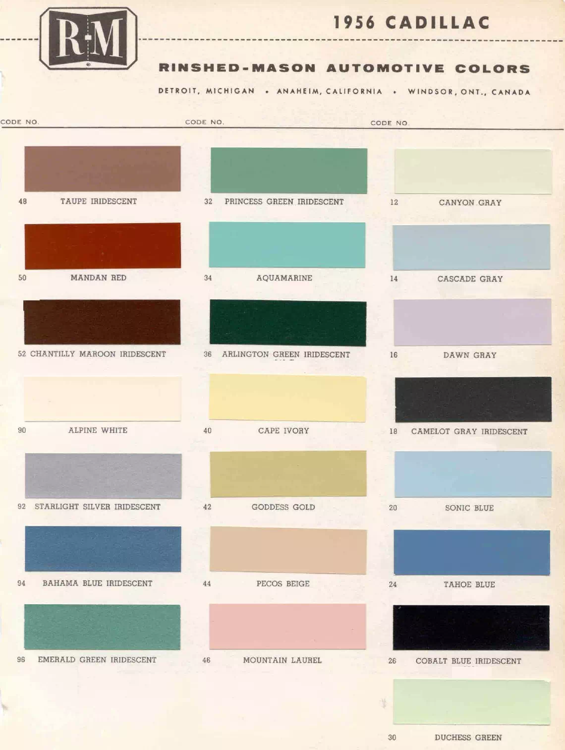 Paint color examples, their ordering codes, the oem color code, and vehicles the color was used on