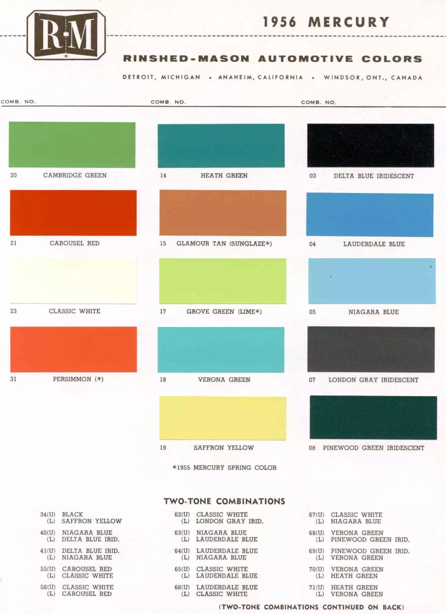 1956 Mercury Paint Chart and Paint Codes Color examaples and the codes to look them up to get touch up paint or respray for Mercury Vehicles