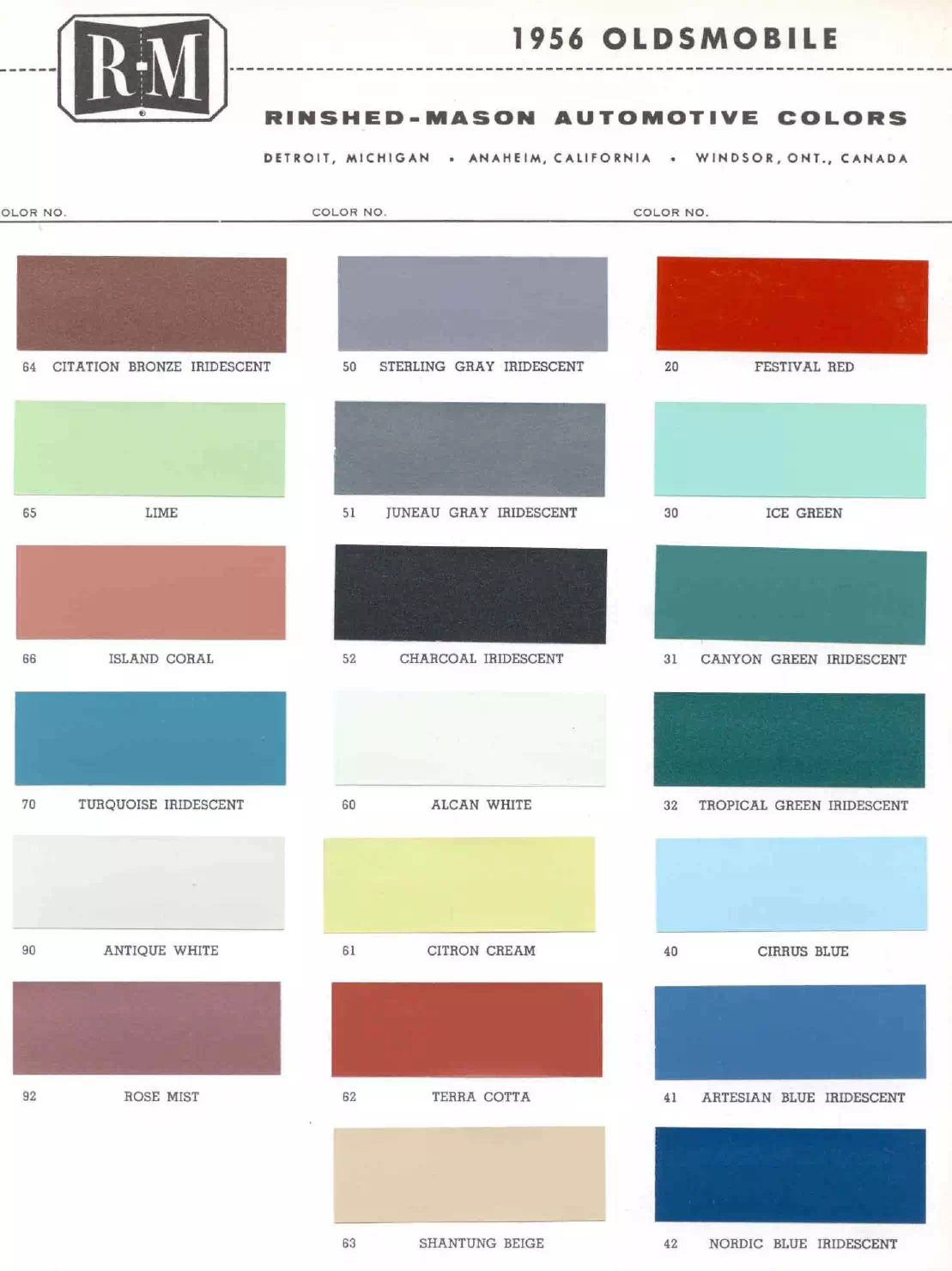 Paint color examples, their ordering codes, the oem color code, and vehicles the color was used on